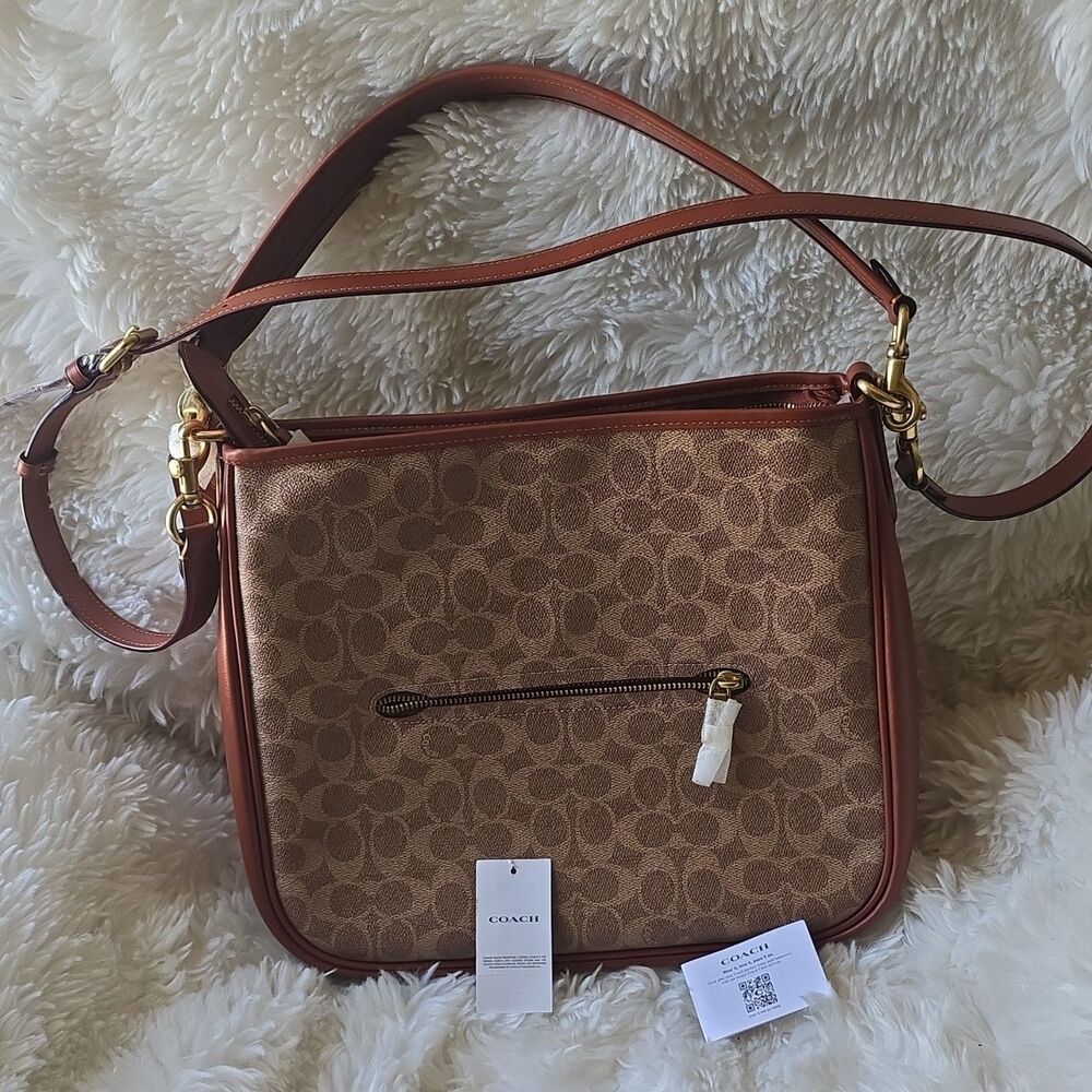 Coach Brown Logo Print Shoulder Bag Gold Hardware Adjustable Strap Outer Pockets